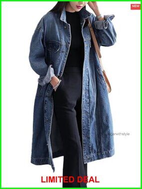 Womens Plus Size Long Denim Jacket Button Down Trench Coat Knee Length